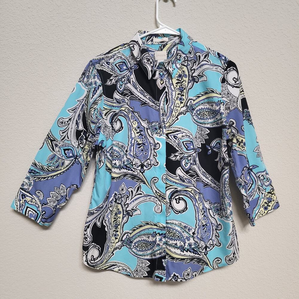Chicos No Iron Shirt Blouse Womens Medium 8 Chicos 1 Paisley Multicolor Top